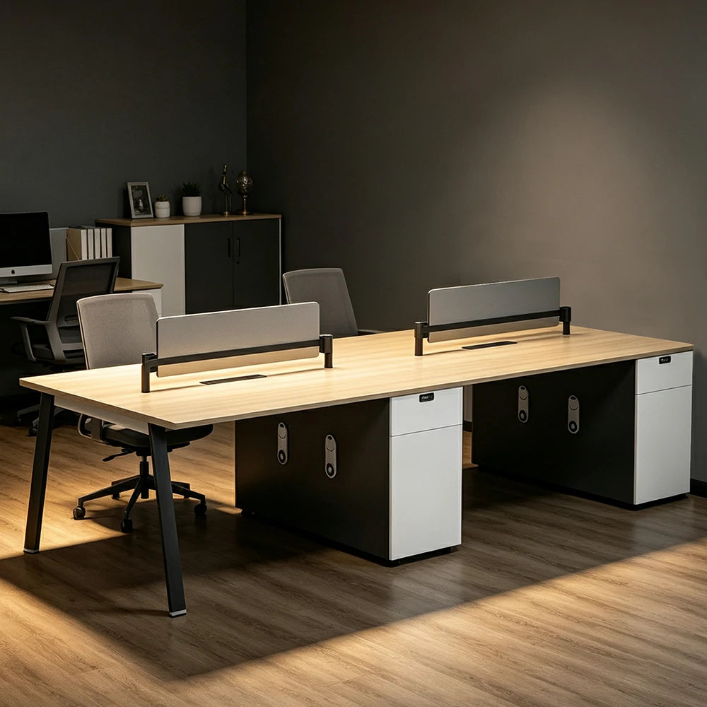 LUXORA 240/280cm 4-Person Office Workstation with E0 Desktop, Acoustic Privacy Screens, Dual-Sided Power & Password Lock Storage - Natural Wood