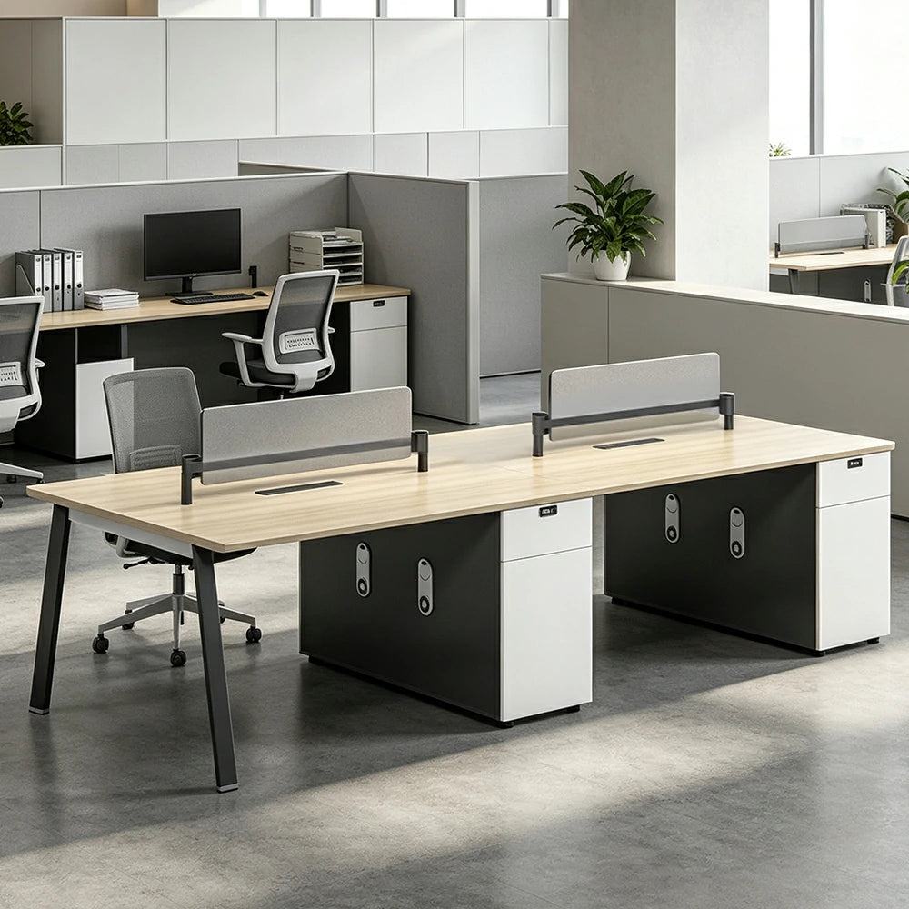 LUXORA 240/280cm 4-Person Office Workstation with E0 Desktop, Acoustic Privacy Screens, Dual-Sided Power & Password Lock Storage - Natural Wood