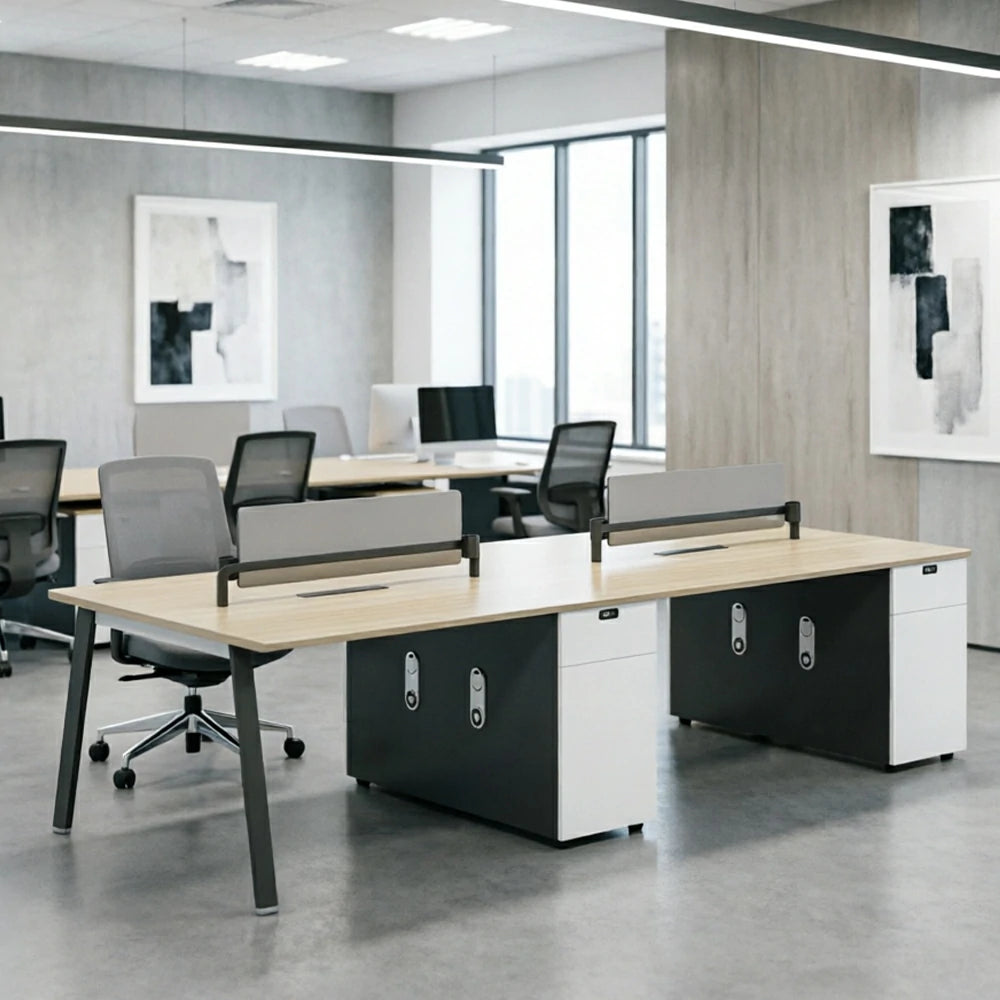 LUXORA 240/280cm 4-Person Office Workstation with E0 Desktop, Acoustic Privacy Screens, Dual-Sided Power & Password Lock Storage - Natural Wood