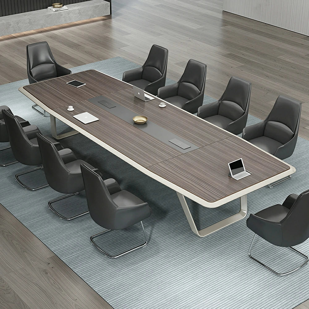 LUXORA 240/300cm Executive Conference Table with Double-Layer Curved Top, U-Shaped Legs & Hidden Multimedia Box - Walnut & White