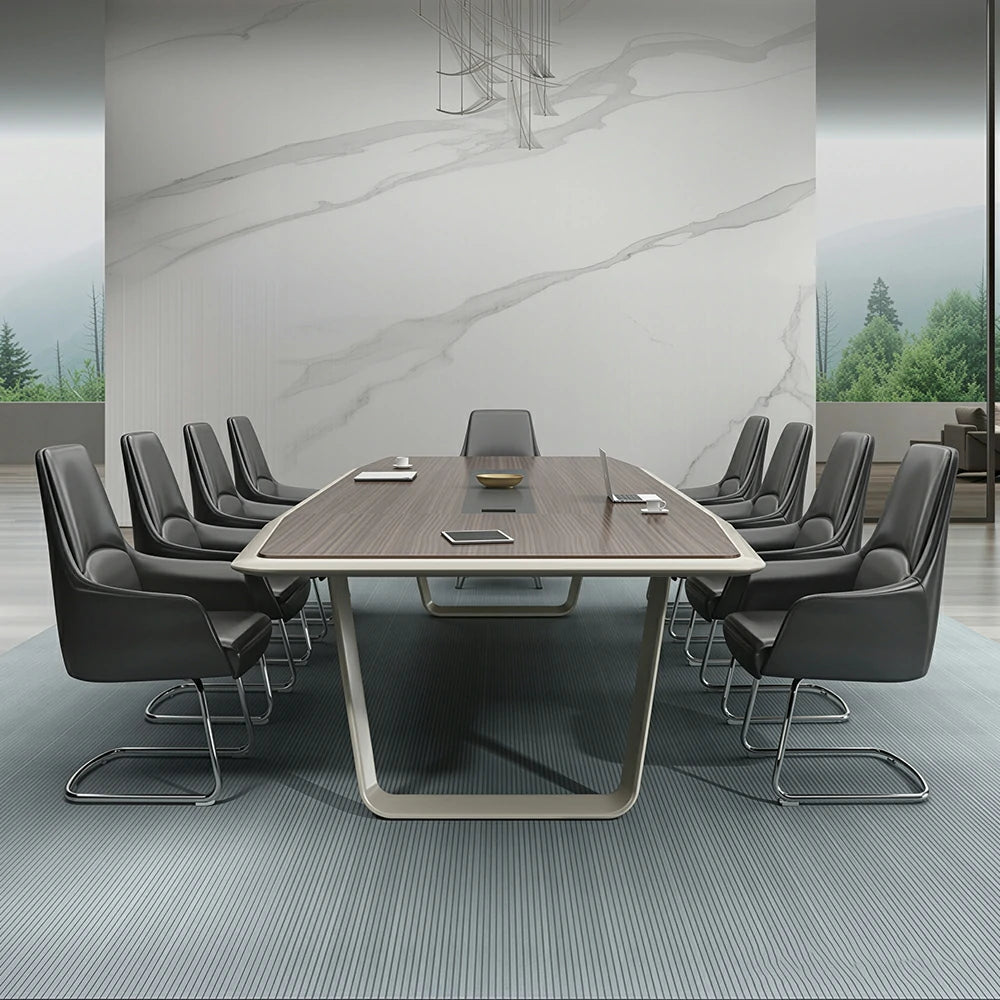 LUXORA 240/300cm Executive Conference Table with Double-Layer Curved Top, U-Shaped Legs & Hidden Multimedia Box - Walnut & White