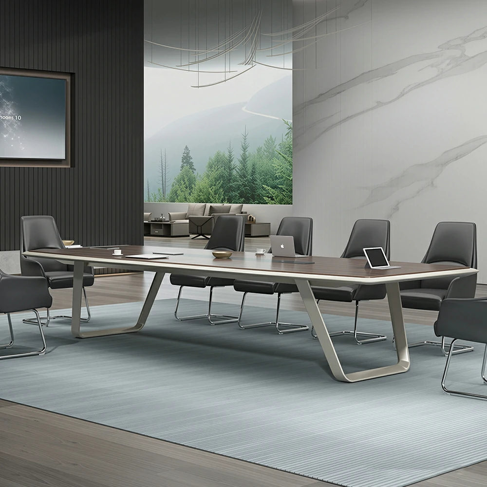 LUXORA 240/300cm Executive Conference Table with Double-Layer Curved Top, U-Shaped Legs & Hidden Multimedia Box - Walnut & White