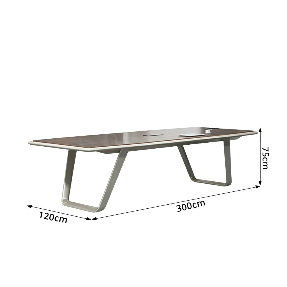 LUXORA 240/300cm Executive Conference Table with Double-Layer Curved Top, U-Shaped Legs & Hidden Multimedia Box - Walnut & White
