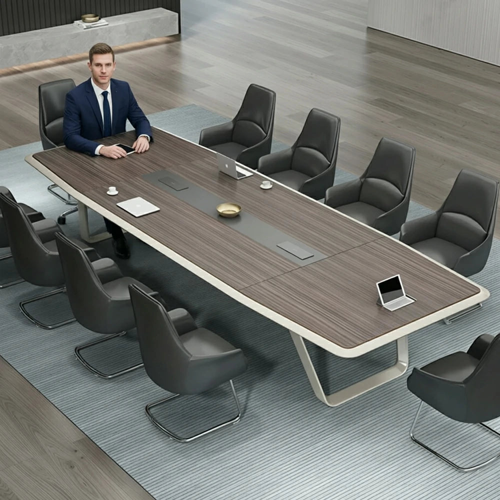 LUXORA 240/300cm Executive Conference Table with Double-Layer Curved Top, U-Shaped Legs & Hidden Multimedia Box - Walnut & White