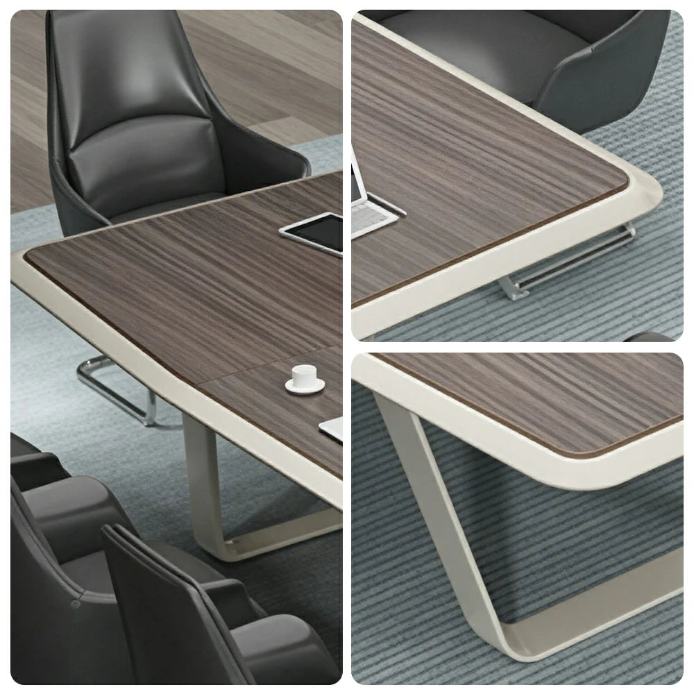 LUXORA 240/300cm Executive Conference Table with Double-Layer Curved Top, U-Shaped Legs & Hidden Multimedia Box - Walnut & White