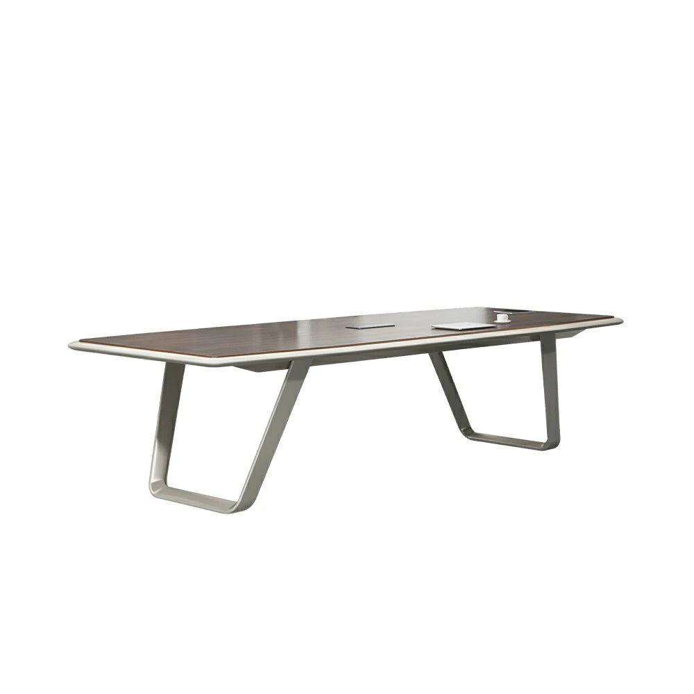 LUXORA 240/300cm Executive Conference Table with Double-Layer Curved Top, U-Shaped Legs & Hidden Multimedia Box - Walnut & White