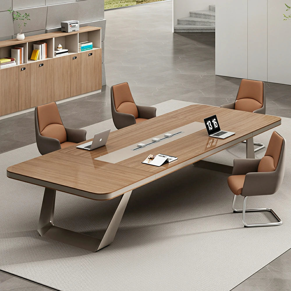 LUXORA 200cm Conference Table & 6 Chair Set with 50mm E1 Desktop, Integrated Cable Box & Rounded Corners - Walnut & Brown