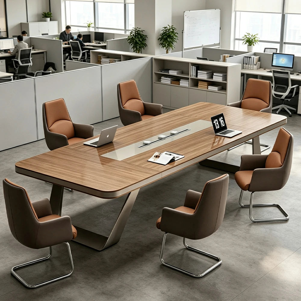 LUXORA 200cm Conference Table & 6 Chair Set with 50mm E1 Desktop, Integrated Cable Box & Rounded Corners - Walnut & Brown