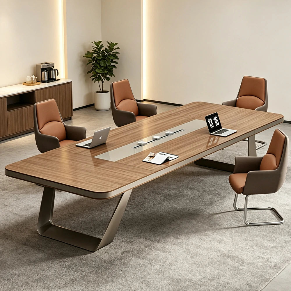LUXORA 200cm Conference Table & 6 Chair Set with 50mm E1 Desktop, Integrated Cable Box & Rounded Corners - Walnut & Brown
