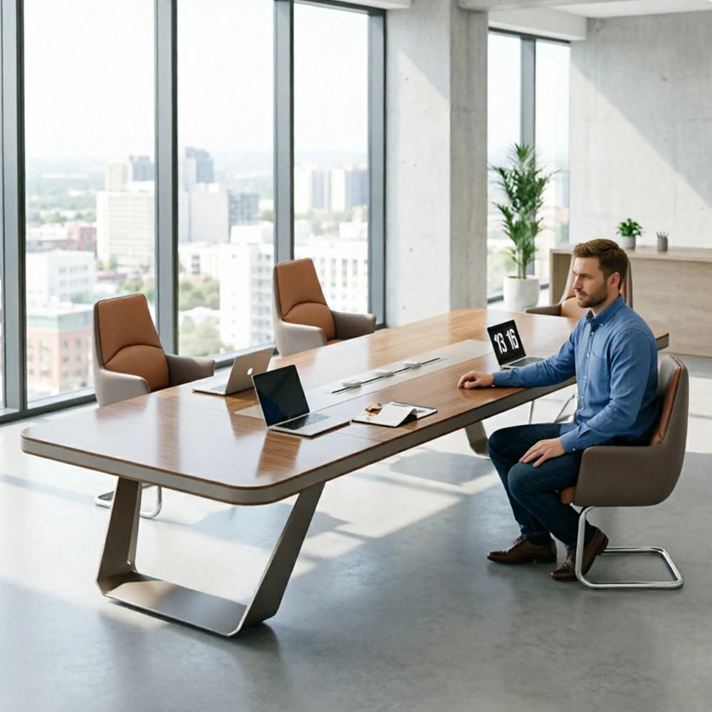 LUXORA 200cm Conference Table & 6 Chair Set with 50mm E1 Desktop, Integrated Cable Box & Rounded Corners - Walnut & Brown