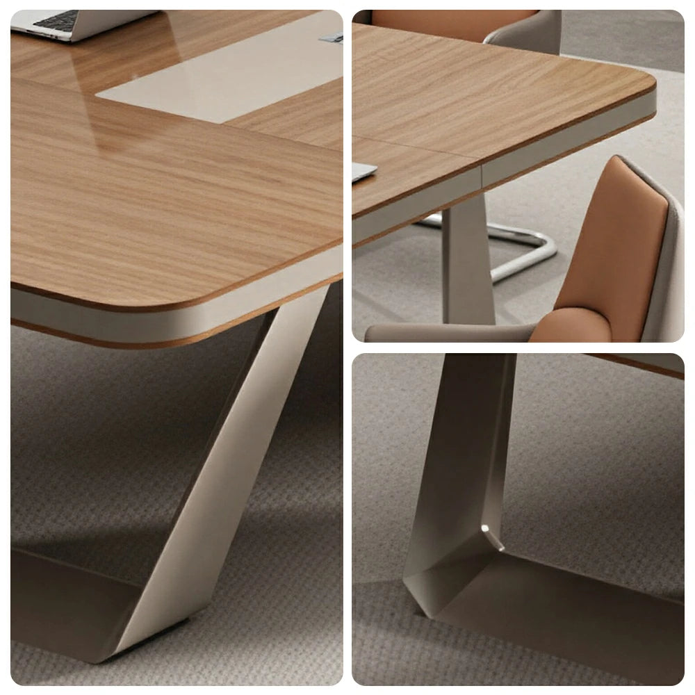 LUXORA 200cm Conference Table & 6 Chair Set with 50mm E1 Desktop, Integrated Cable Box & Rounded Corners - Walnut & Brown