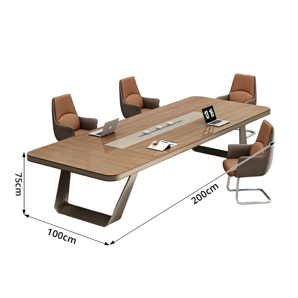 LUXORA 200cm Conference Table & 6 Chair Set with 50mm E1 Desktop, Integrated Cable Box & Rounded Corners - Walnut & Brown