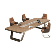 LUXORA 200cm Conference Table & 6 Chair Set with 50mm E1 Desktop, Integrated Cable Box & Rounded Corners - Walnut & Brown