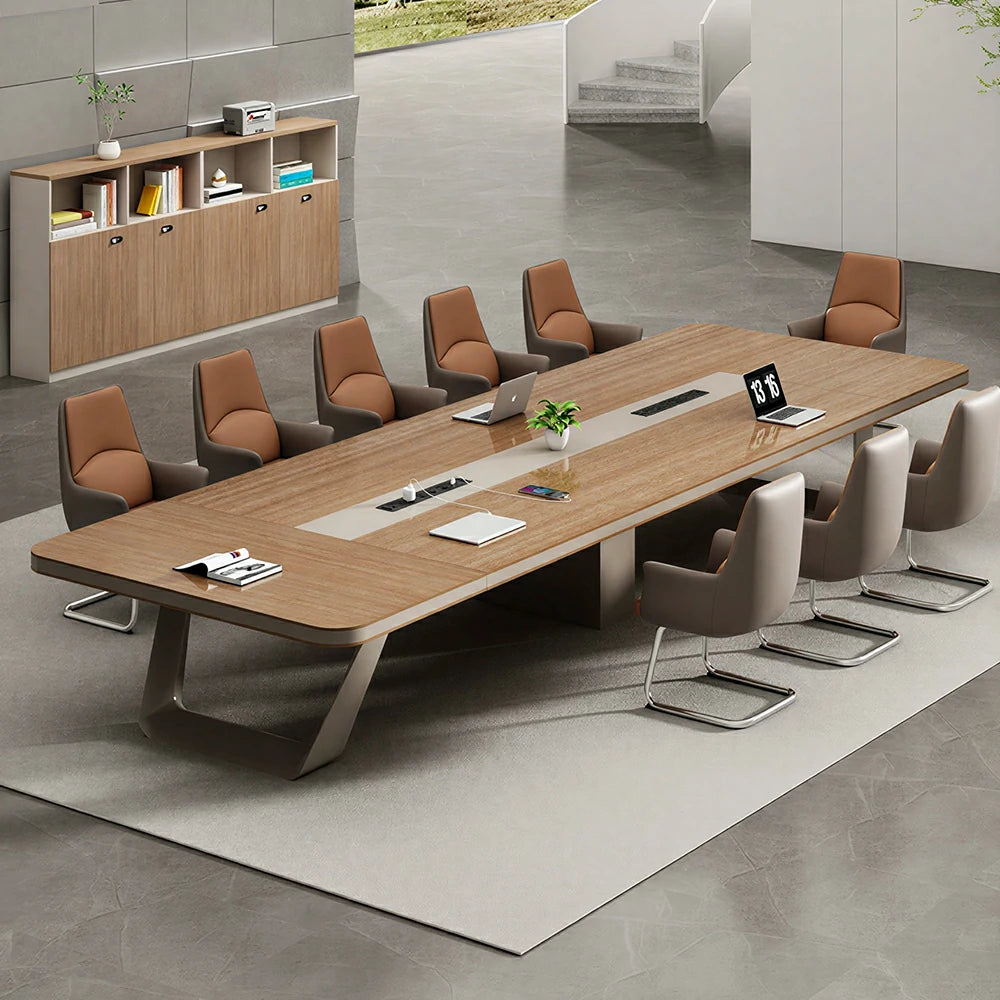 LUXORA 280cm Conference Table & 8 Chair Set with 50mm E1 Desktop, Integrated Cable Box & Rounded Corners - Walnut & Brown