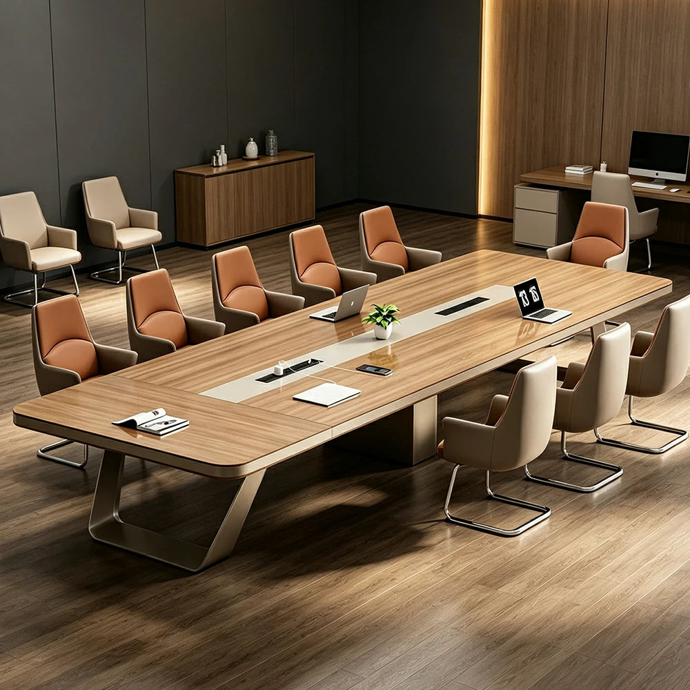 LUXORA 280cm Conference Table & 8 Chair Set with 50mm E1 Desktop, Integrated Cable Box & Rounded Corners - Walnut & Brown