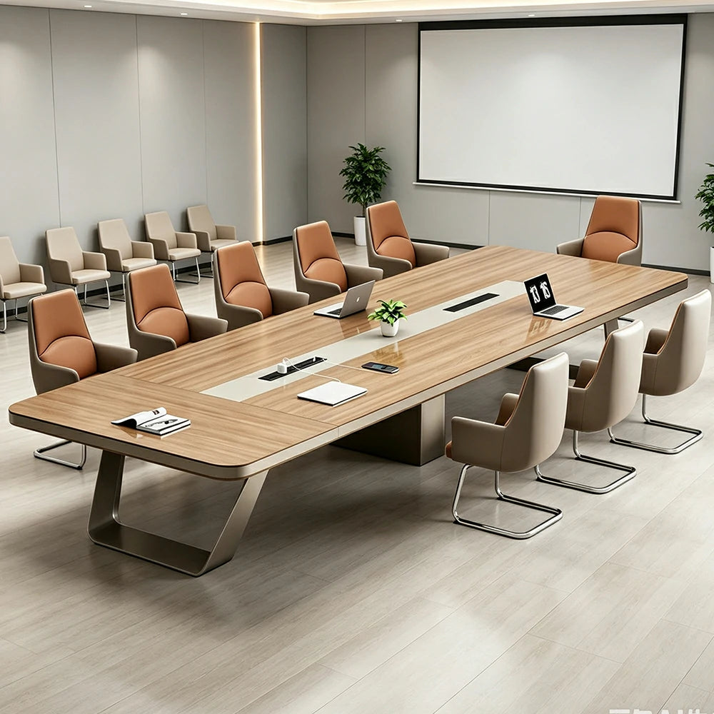 LUXORA 280cm Conference Table & 8 Chair Set with 50mm E1 Desktop, Integrated Cable Box & Rounded Corners - Walnut & Brown