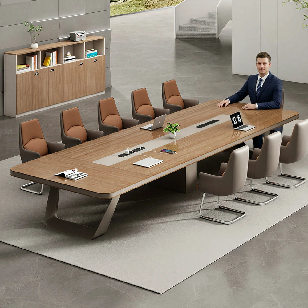 LUXORA 280cm Conference Table & 8 Chair Set with 50mm E1 Desktop, Integrated Cable Box & Rounded Corners - Walnut & Brown