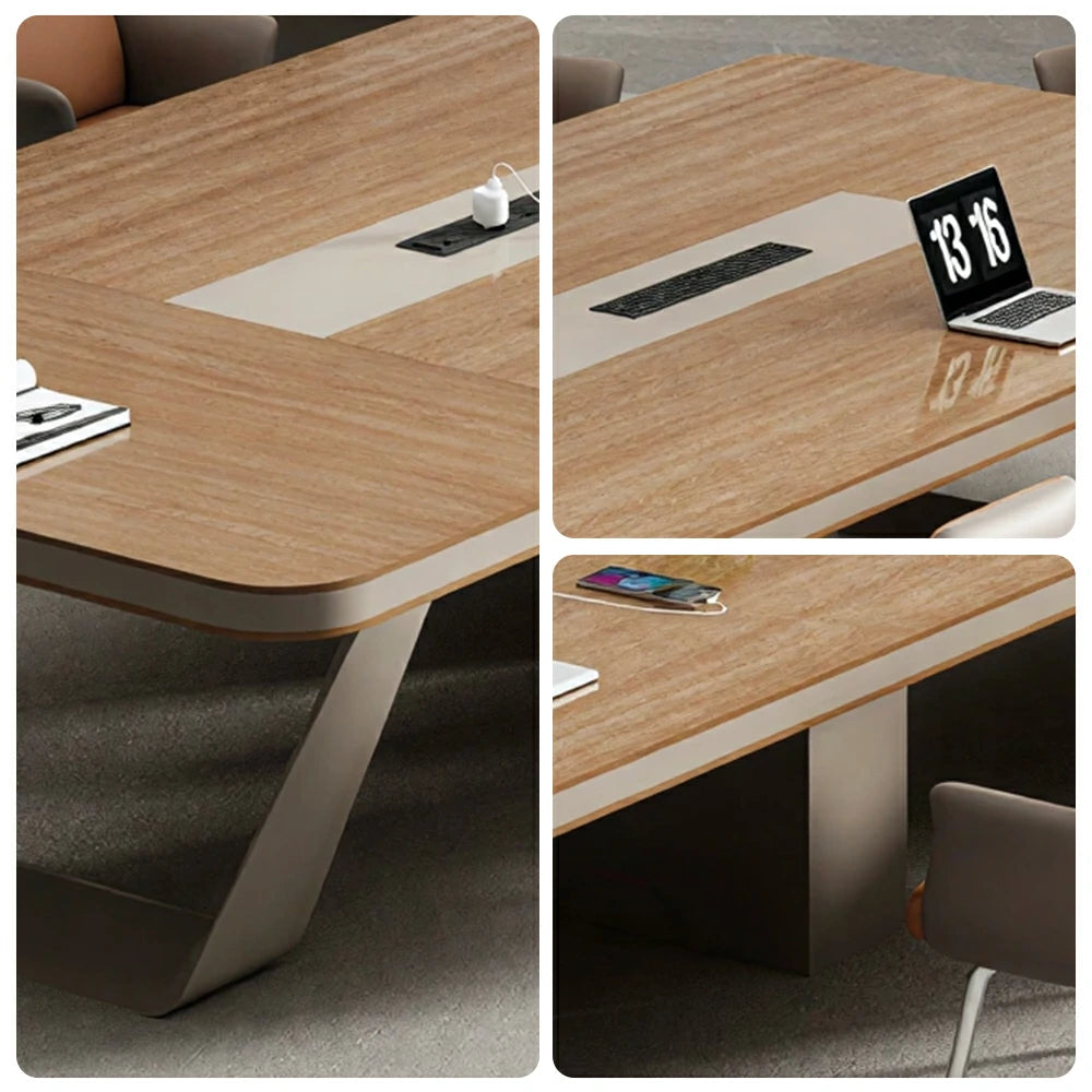 LUXORA 280cm Conference Table & 8 Chair Set with 50mm E1 Desktop, Integrated Cable Box & Rounded Corners - Walnut & Brown