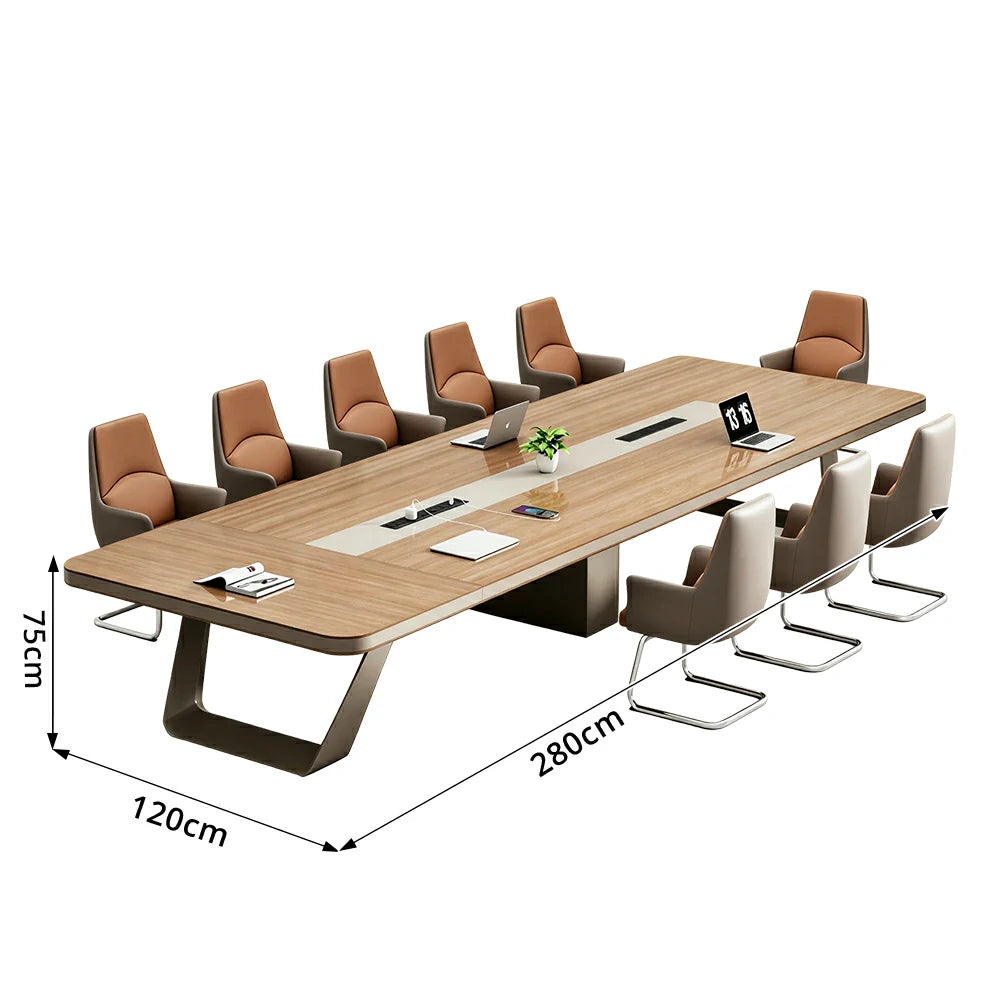 LUXORA 280cm Conference Table & 8 Chair Set with 50mm E1 Desktop, Integrated Cable Box & Rounded Corners - Walnut & Brown