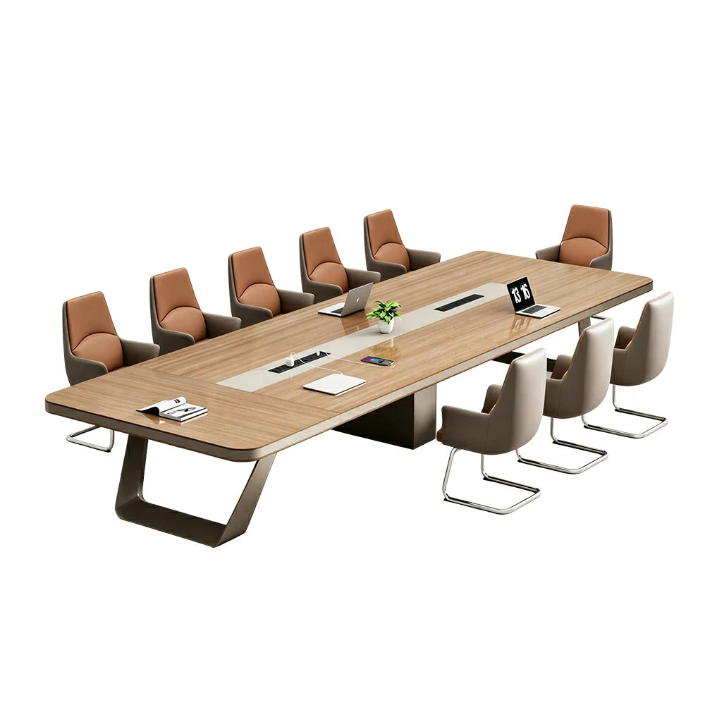 LUXORA 280cm Conference Table & 8 Chair Set with 50mm E1 Desktop, Integrated Cable Box & Rounded Corners - Walnut & Brown