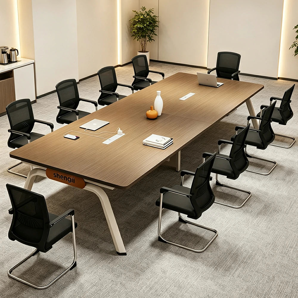 LUXORA 280cm Conference Table & 10 Chair Set with Plug-and-Play Power Socket, E1 Desktop & Carbon Steel Legs - Walnut & Black