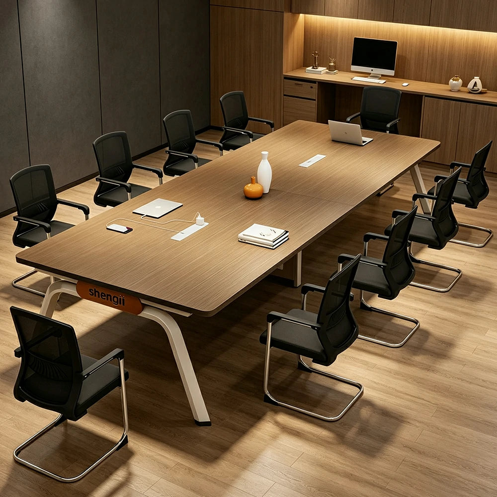 LUXORA 280cm Conference Table & 10 Chair Set with Plug-and-Play Power Socket, E1 Desktop & Carbon Steel Legs - Walnut & Black