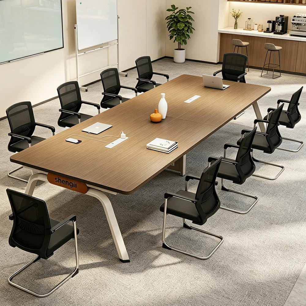 LUXORA 280cm Conference Table & 10 Chair Set with Plug-and-Play Power Socket, E1 Desktop & Carbon Steel Legs - Walnut & Black