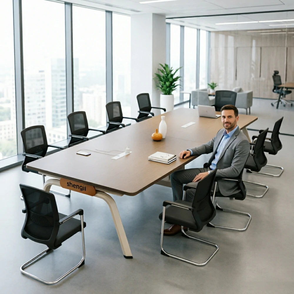 LUXORA 280cm Conference Table & 10 Chair Set with Plug-and-Play Power Socket, E1 Desktop & Carbon Steel Legs - Walnut & Black