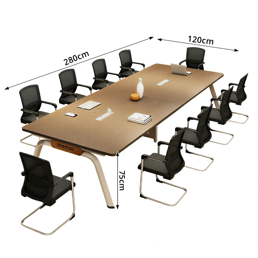 LUXORA 280cm Conference Table & 10 Chair Set with Plug-and-Play Power Socket, E1 Desktop & Carbon Steel Legs - Walnut & Black