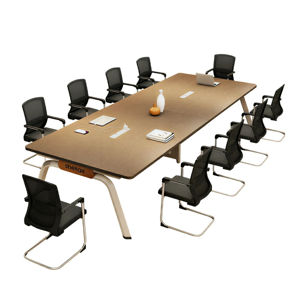 LUXORA 280cm Conference Table & 10 Chair Set with Plug-and-Play Power Socket, E1 Desktop & Carbon Steel Legs - Walnut & Black