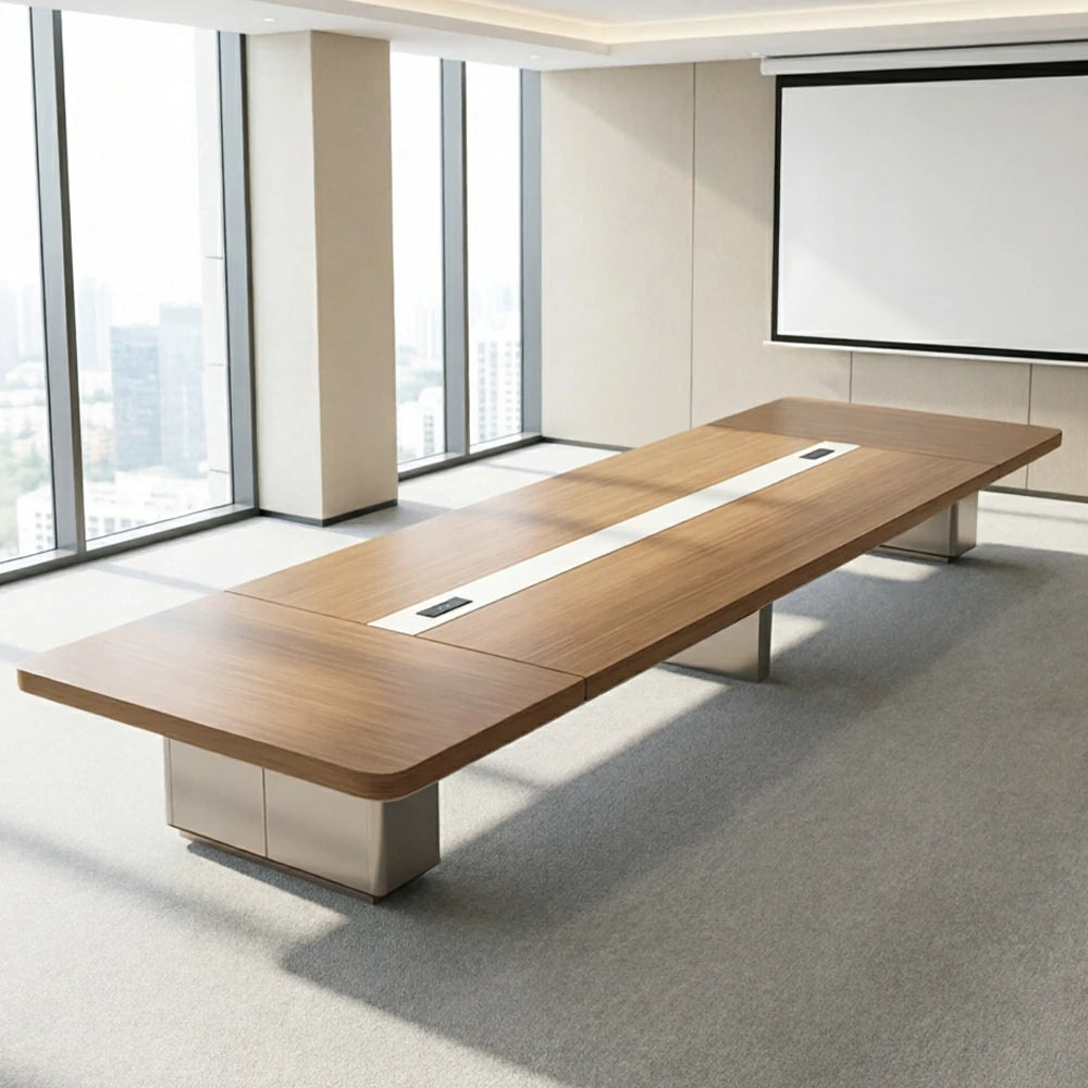 LUXORA 300cm/350cm Conference Table with Integrated Power Socket, E0 Grade Desktop & Carbon Steel Legs - Walnut & Beige