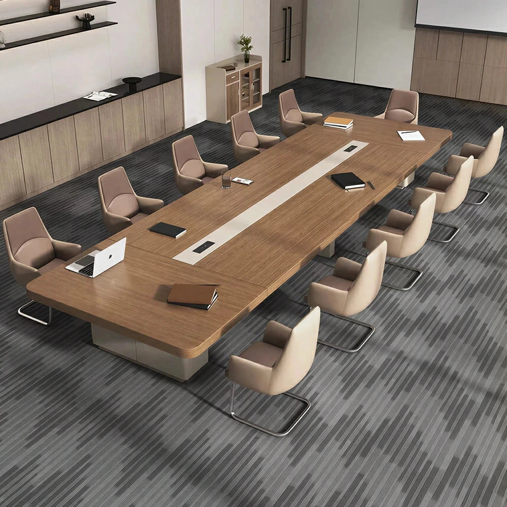 LUXORA 300cm/350cm Conference Table with Integrated Power Socket, E0 Grade Desktop & Carbon Steel Legs - Walnut & Beige