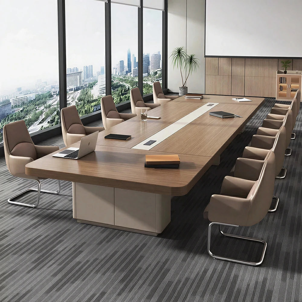 LUXORA 300cm/350cm Conference Table with Integrated Power Socket, E0 Grade Desktop & Carbon Steel Legs - Walnut & Beige