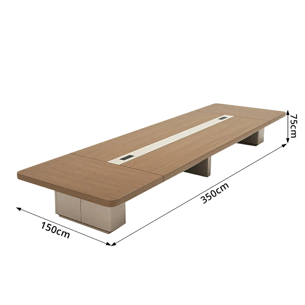 LUXORA 300cm/350cm Conference Table with Integrated Power Socket, E0 Grade Desktop & Carbon Steel Legs - Walnut & Beige