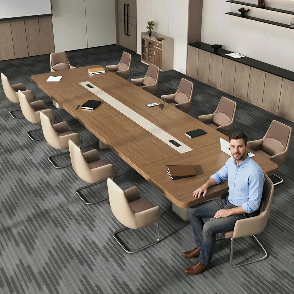 LUXORA 300cm/350cm Conference Table with Integrated Power Socket, E0 Grade Desktop & Carbon Steel Legs - Walnut & Beige