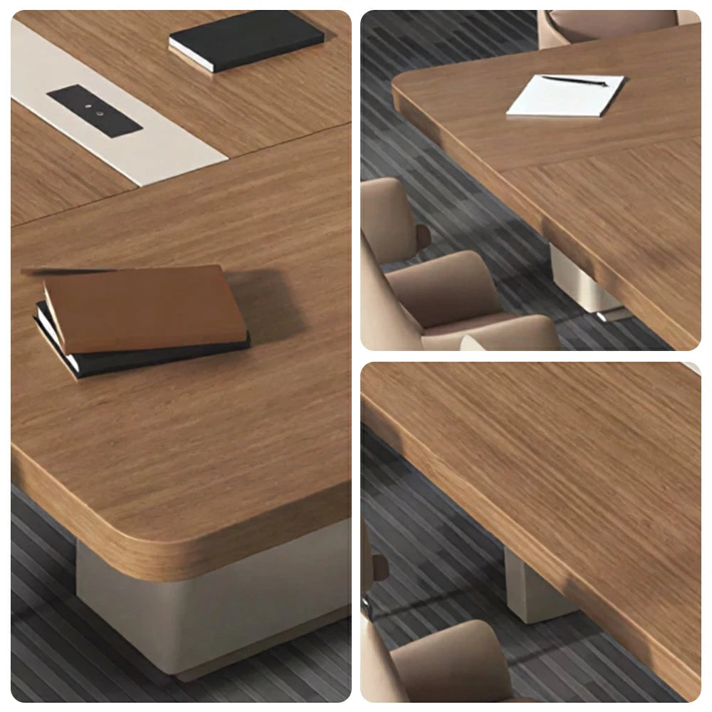 LUXORA 300cm/350cm Conference Table with Integrated Power Socket, E0 Grade Desktop & Carbon Steel Legs - Walnut & Beige