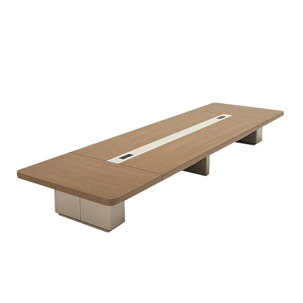 LUXORA 300cm/350cm Conference Table with Integrated Power Socket, E0 Grade Desktop & Carbon Steel Legs - Walnut & Beige