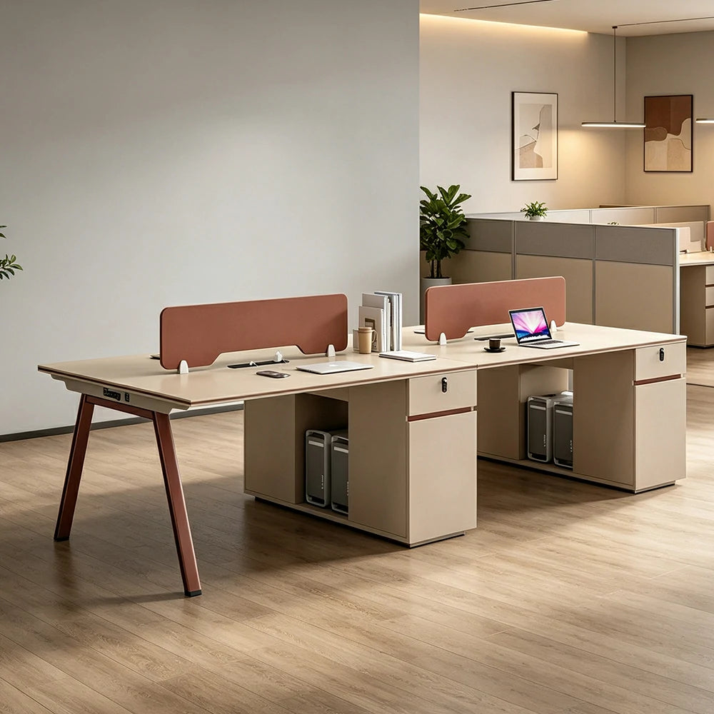 LUXORA 240/280cm 4 Person Office Workstation, Acoustic Divider, Plug-and-Play Power Socket, Lockable Side Cabinet - Apricot & Maroon