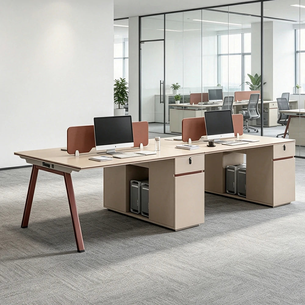 LUXORA 240/280cm 4 Person Office Workstation, Acoustic Divider, Plug-and-Play Power Socket, Lockable Side Cabinet - Apricot & Maroon