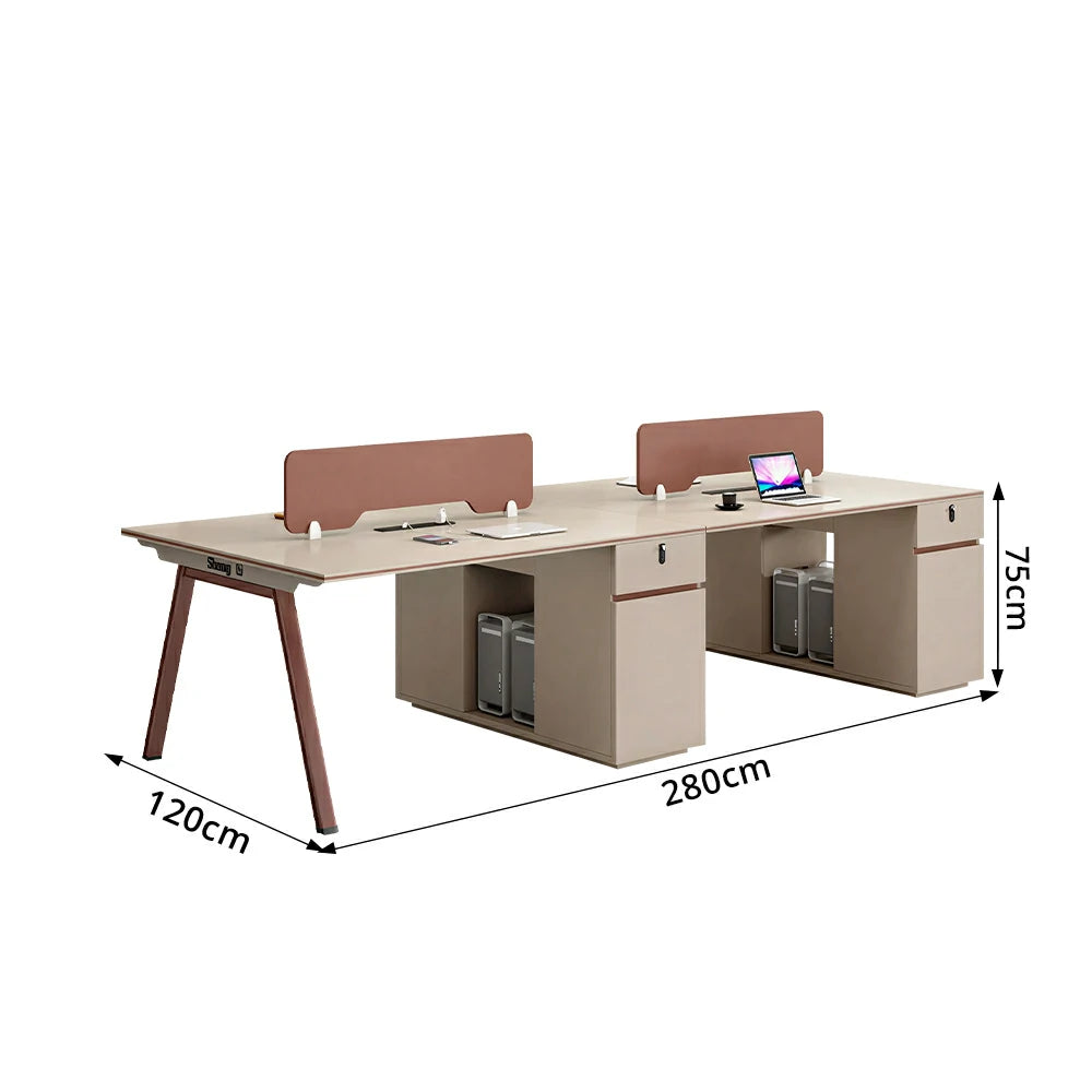 LUXORA 240/280cm 4 Person Office Workstation, Acoustic Divider, Plug-and-Play Power Socket, Lockable Side Cabinet - Apricot & Maroon