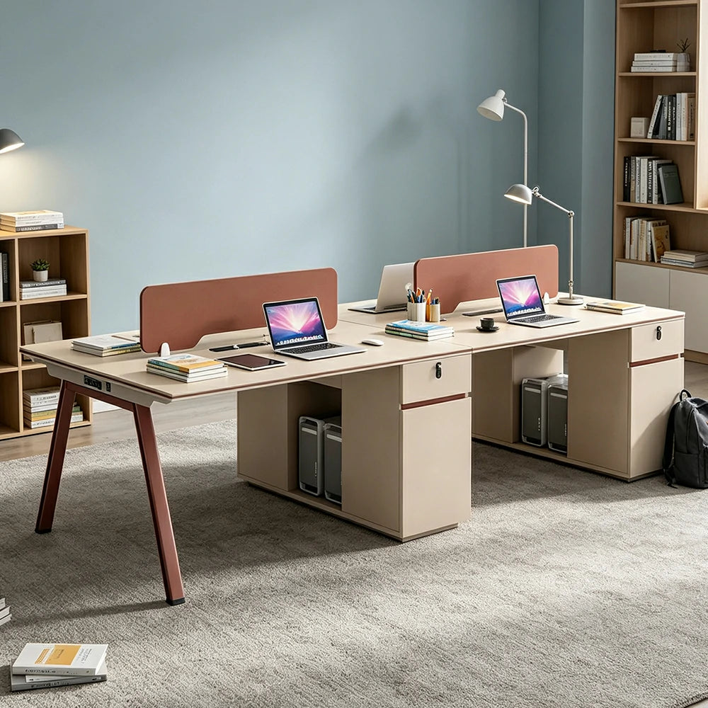 LUXORA 240/280cm 4 Person Office Workstation, Acoustic Divider, Plug-and-Play Power Socket, Lockable Side Cabinet - Apricot & Maroon