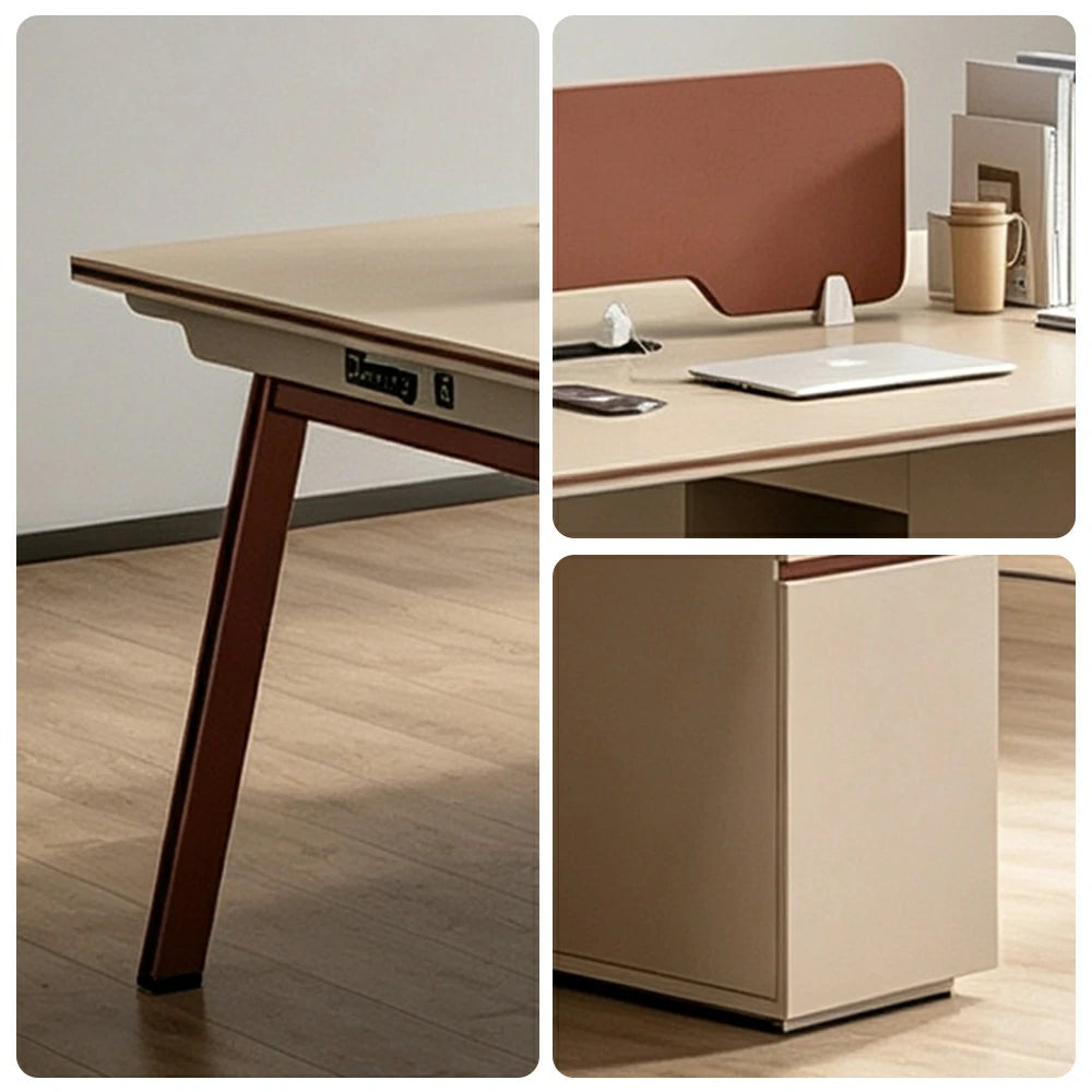 LUXORA 240/280cm 4 Person Office Workstation, Acoustic Divider, Plug-and-Play Power Socket, Lockable Side Cabinet - Apricot & Maroon