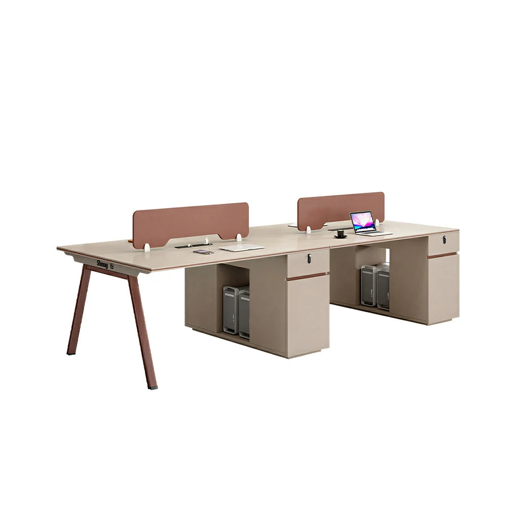 LUXORA 240/280cm 4 Person Office Workstation, Acoustic Divider, Plug-and-Play Power Socket, Lockable Side Cabinet - Apricot & Maroon