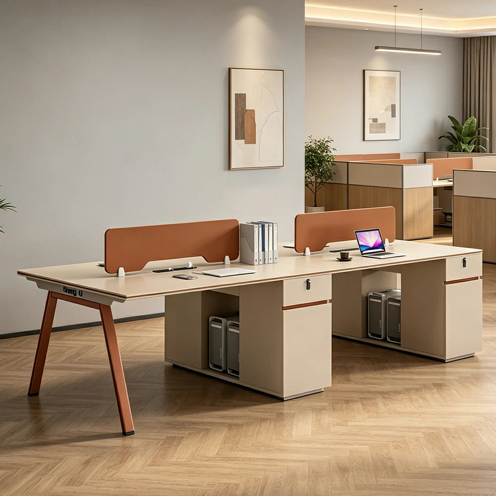 LIVARA 240/280cm 4 Person Office Workstation, Acoustic Divider, Plug-and-Play Power Socket, Lockable Side Cabinet - Apricot & Russet Orange