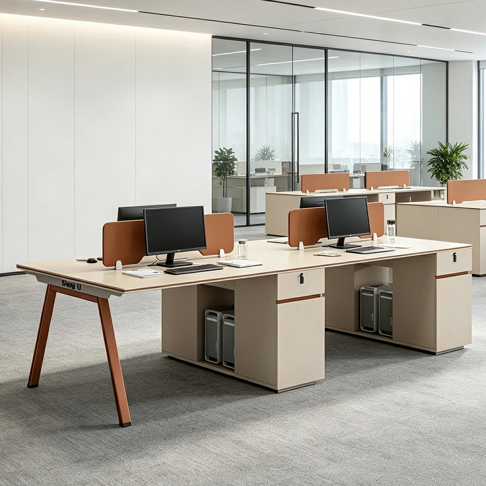 LIVARA 240/280cm 4 Person Office Workstation, Acoustic Divider, Plug-and-Play Power Socket, Lockable Side Cabinet - Apricot & Russet Orange