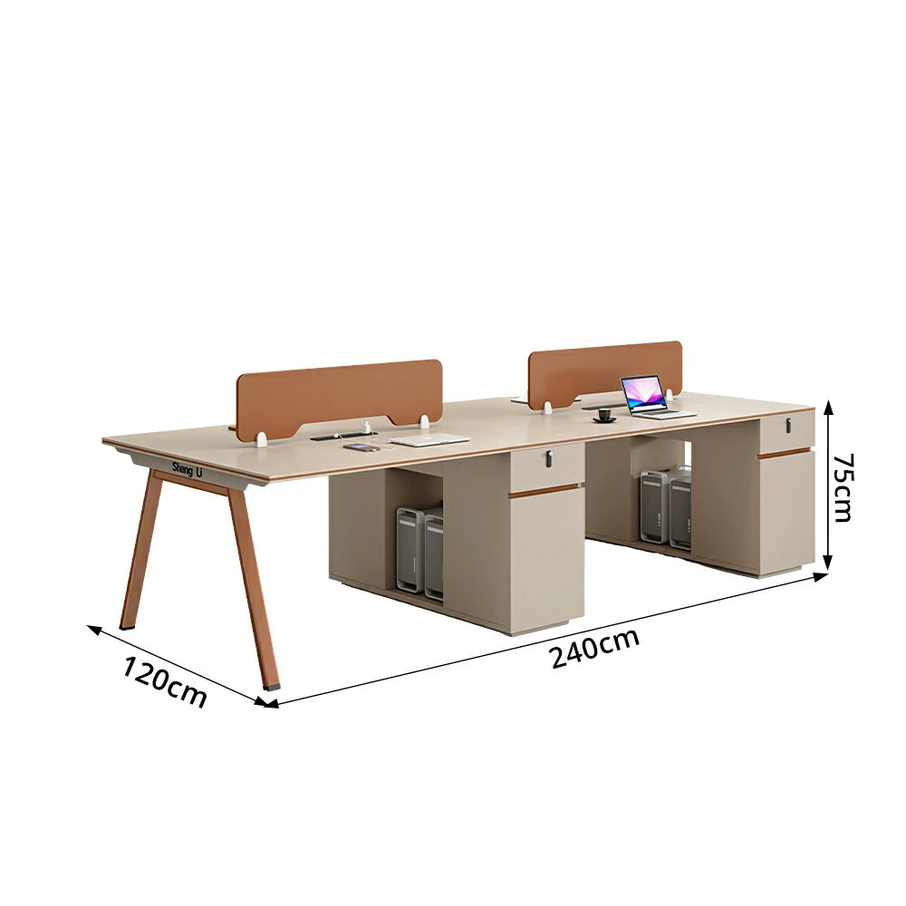 LIVARA 240/280cm 4 Person Office Workstation, Acoustic Divider, Plug-and-Play Power Socket, Lockable Side Cabinet - Apricot & Russet Orange