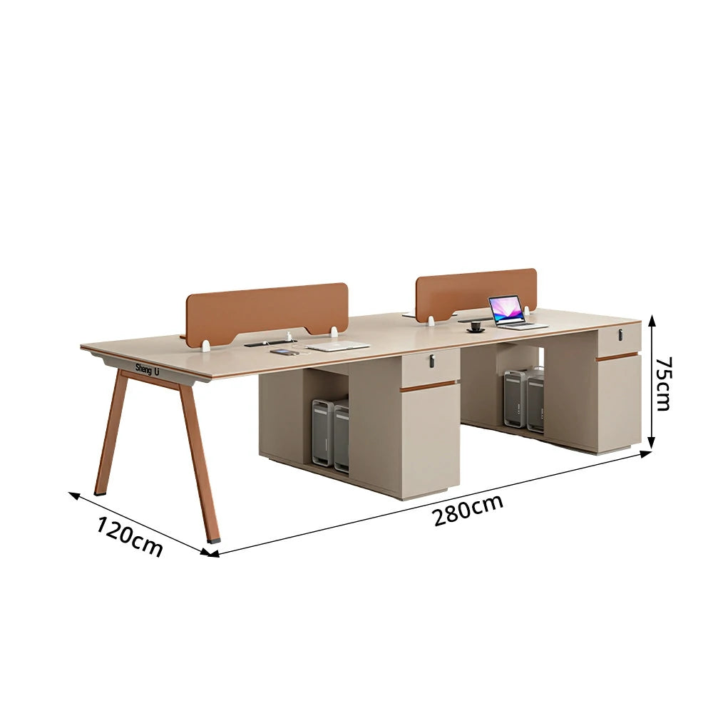 LIVARA 240/280cm 4 Person Office Workstation, Acoustic Divider, Plug-and-Play Power Socket, Lockable Side Cabinet - Apricot & Russet Orange