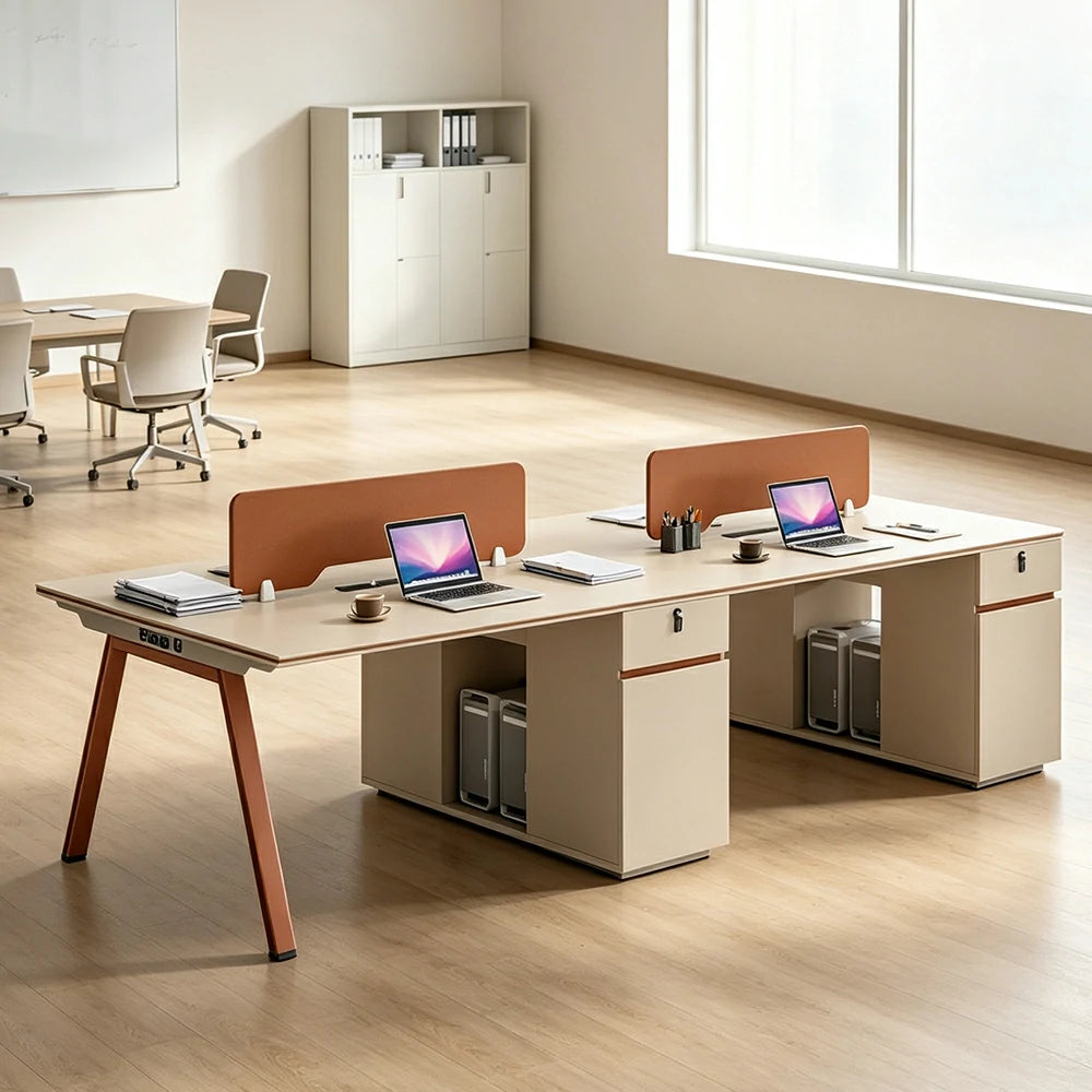 LIVARA 240/280cm 4 Person Office Workstation, Acoustic Divider, Plug-and-Play Power Socket, Lockable Side Cabinet - Apricot & Russet Orange
