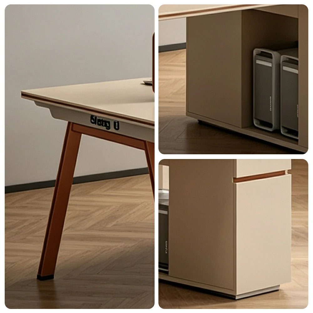 LIVARA 240/280cm 4 Person Office Workstation, Acoustic Divider, Plug-and-Play Power Socket, Lockable Side Cabinet - Apricot & Russet Orange