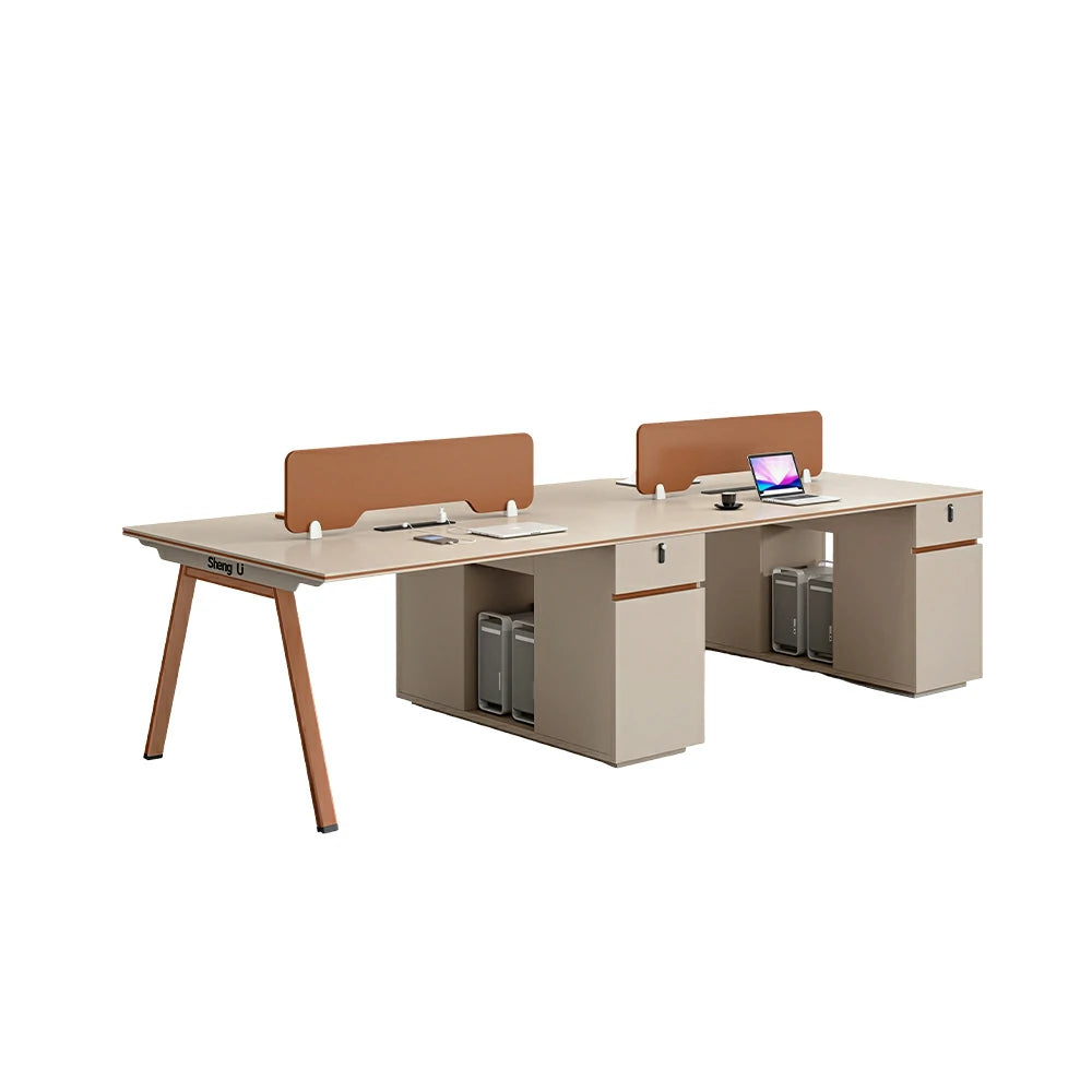 LIVARA 240/280cm 4 Person Office Workstation, Acoustic Divider, Plug-and-Play Power Socket, Lockable Side Cabinet - Apricot & Russet Orange